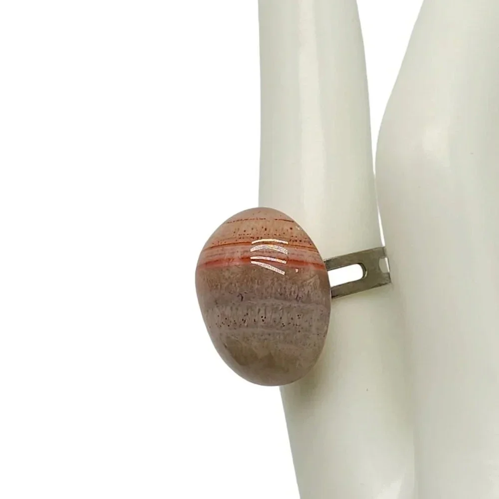 Red Banded Calcite Pork Stone Sphere Ring Size 6 Silver Tone Vintage